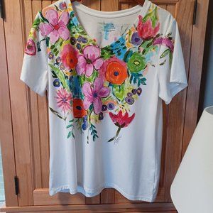 Tru and Tru brand. Hand painted bright floral T shirt from El Salvader.